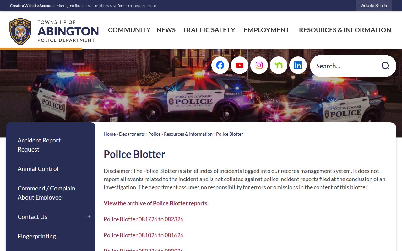 Abington Township Police Blotter official weekly incident index