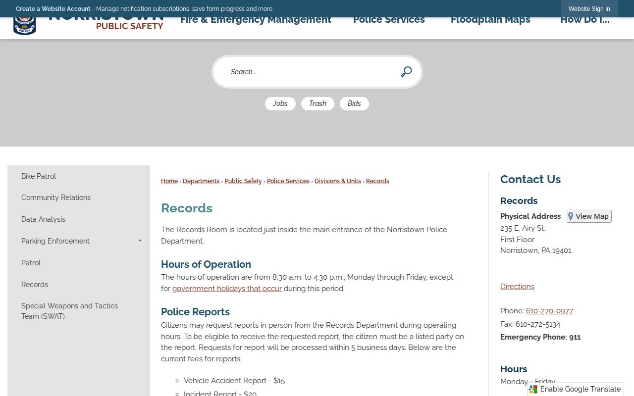 Norristown Borough official police records page with report access information